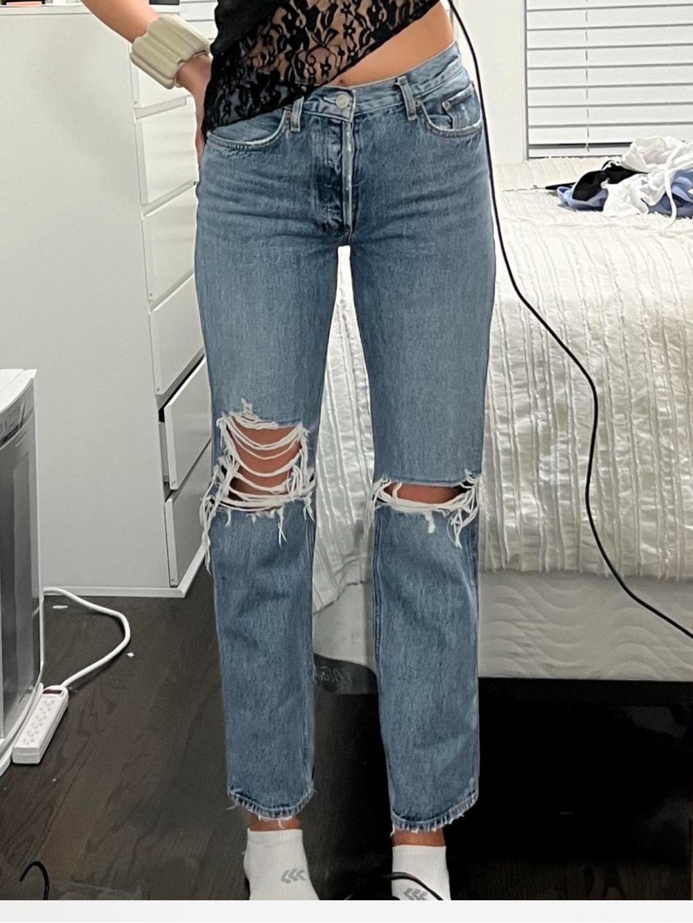 Agolde Distressed Blue Straight Leg Jeans